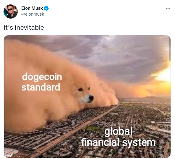 Tweet de Elon Musk diciendo que Dogecoin como moneda standard es inevitable.